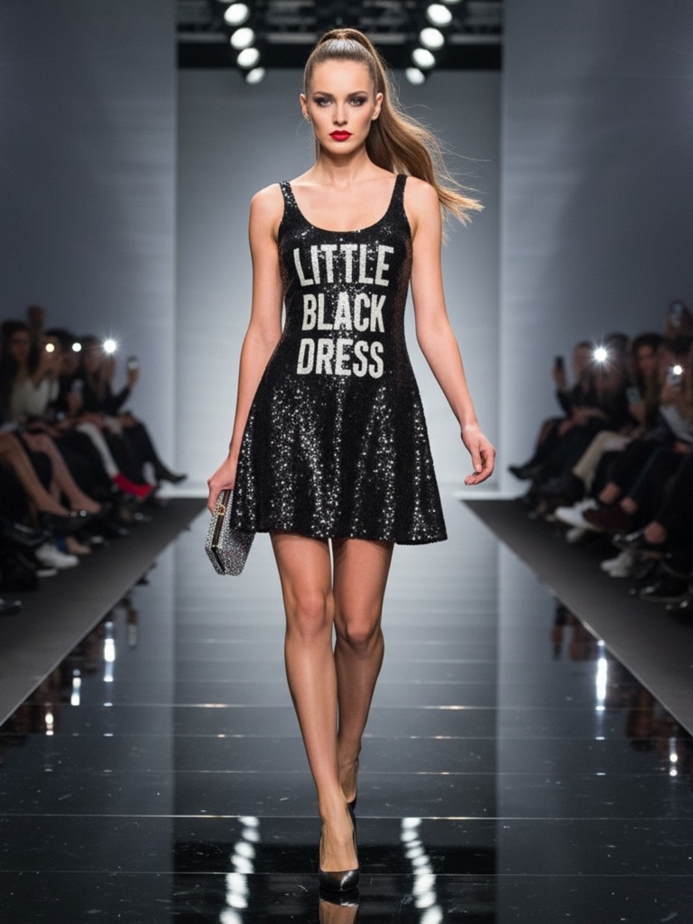 Moschino Black Sequined Tank Mini Dress with White Lettering